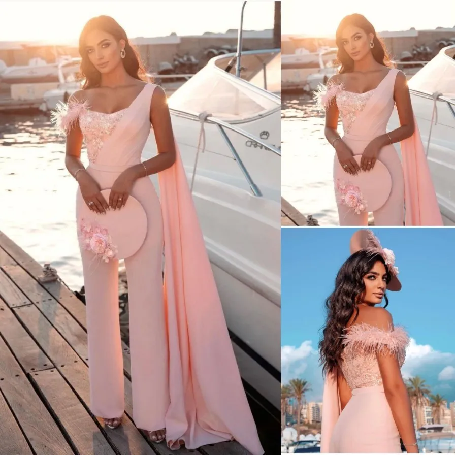 Stylish Sequined Jumpsuit Prom Dresses One Shoulder Neck Feathers Evening Gowns With Pants Custom Made Formal Dress 246m