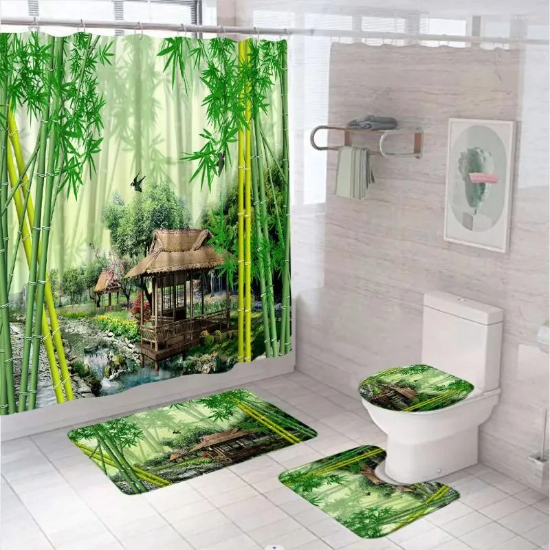 Duschgardiner bambu skog landskap badrum set gardin non-halp matta badmatta lock toalett täcker grön växt bondgård fågel