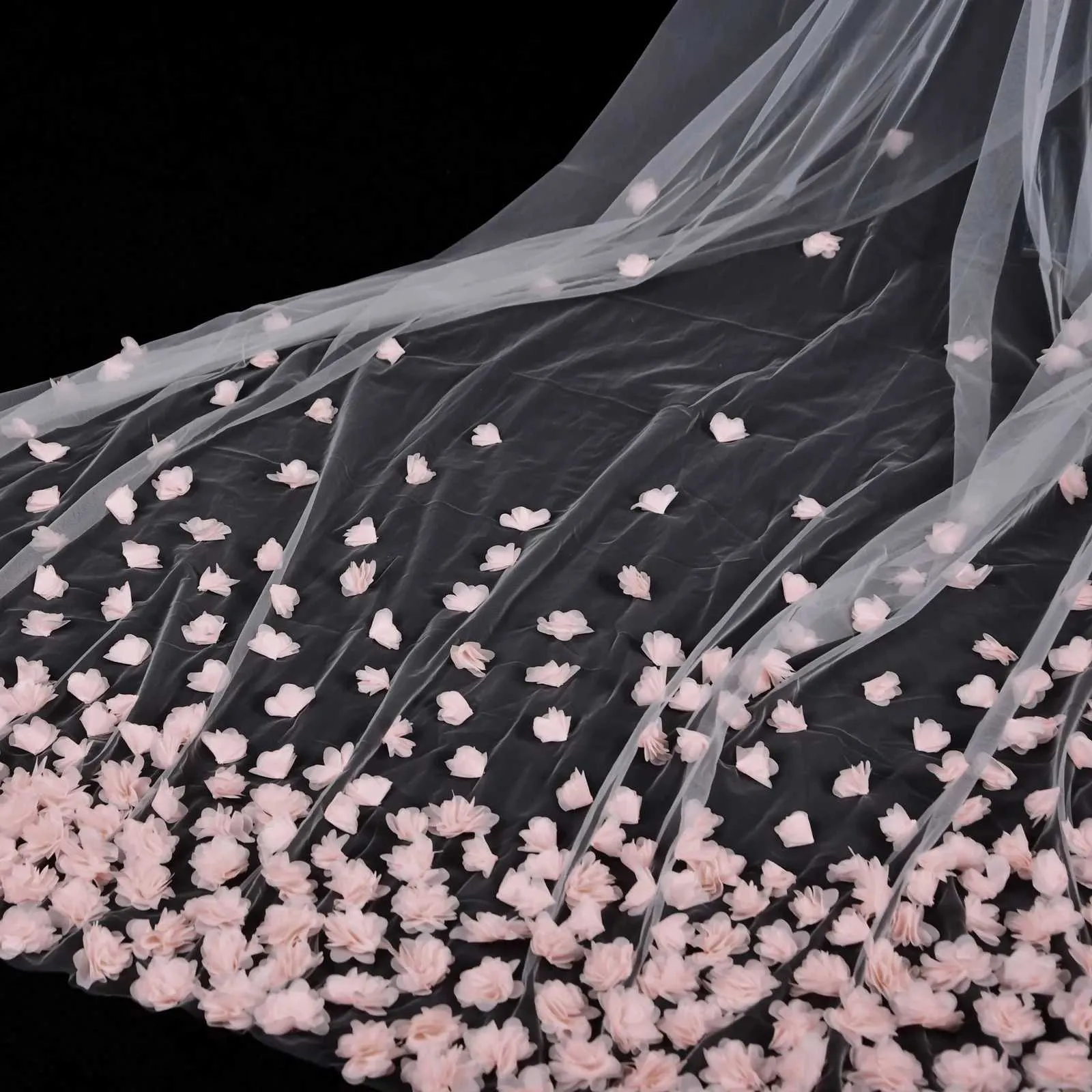 Hair Jewelry V95 Wide Pink Flower Appliqued Wedding Veil Long Cathedral Style Illusion 2 Tier with Comb Bridal_voghion.com