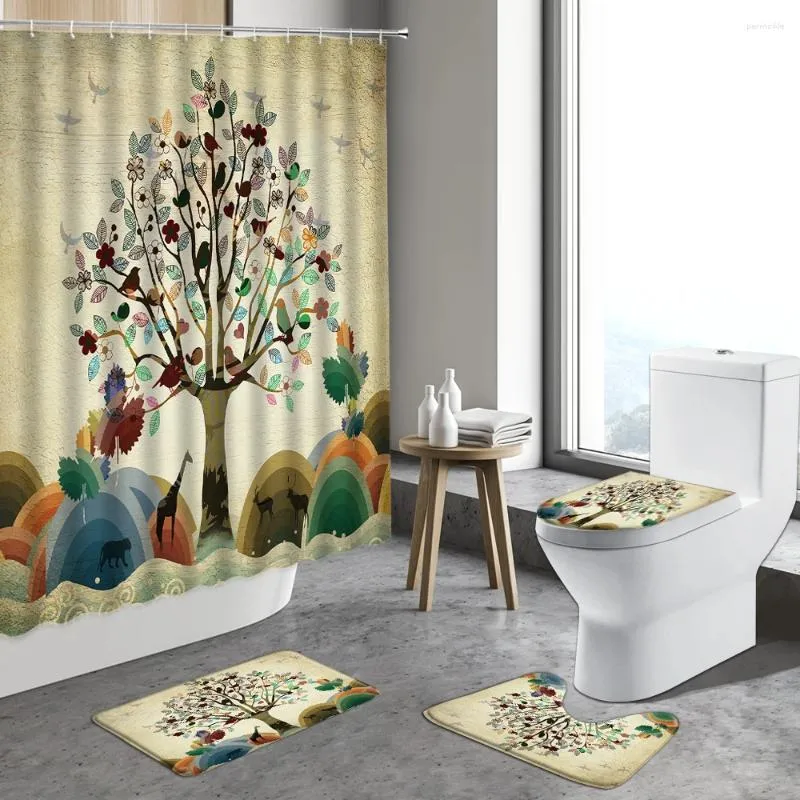 Shower Curtains Cartoon Color Tree Elk Bird Bathroom Sets Trunk Flower Landscape Non-slip Carpet Bath Mats Toilet Lid Cover Rugs