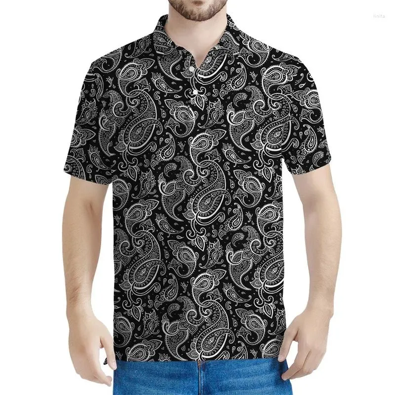 Polos de polos masculino preto branco Paisley 3D Camisa polo impressa masculino Bohemian Floral Mangas curtas Summer Lapeel Tees Button Camisetas