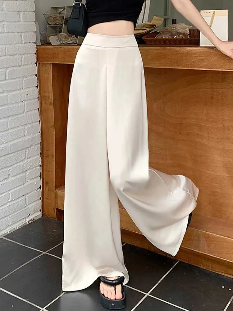 Kvinnor Pants Capris Classic White Dress Pants Woman 2024 Summer High midja Ice Silk Pants raka breda benbyxor baggy byxor-kjol för kvinnor Y240509