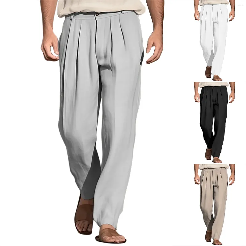 Pantalon masculin samlona 2024 hommes décontractés lin droit de lin kaki kaki blanc pantalon de poche plus taille