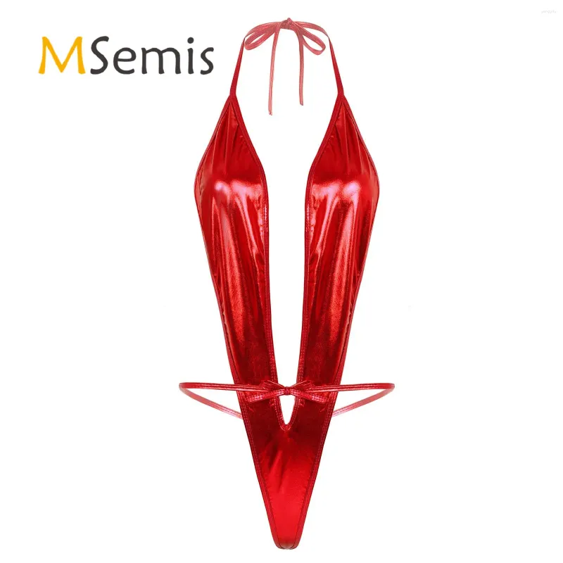 Women's Swimwear Womens Lingerie Micro Bikini Shiny Metallic Patent Leather Bodysuit Swimsuit Halter Neck Lace-up Leotard Swimming Suit