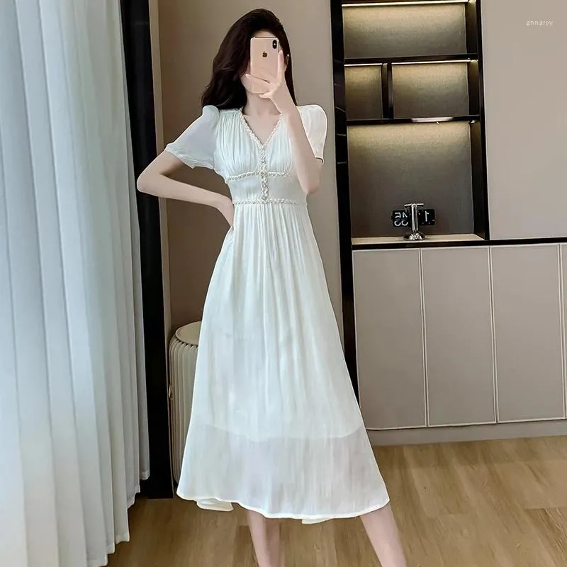 Party Dresses French Elegant Summer Beige Midi Dress High Quality Chic Women V Neck Short Sleeve Waist Weave Ladies Office Slim Clothes