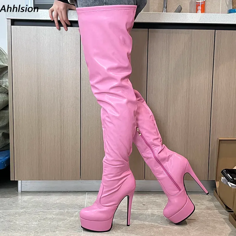 Ahhlsion handgefertigte Frauen Winter Oberschenkelstiefel sexy Stiletto-Heels runden Zehen schöne rosa Party Schuhe Damen US Plus Size 5-20