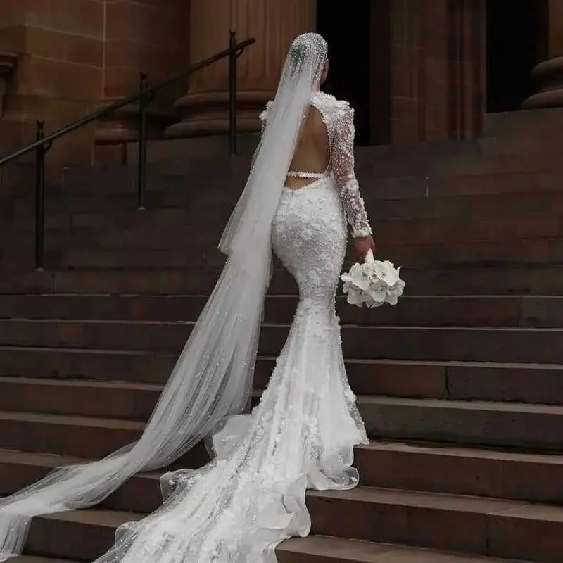 Hårsmykker V08 INGEN Kam Slør Perler Perlebesat Brudeslør Dækker Ansigt Katedral Længde Rå Kant Skønhed Brud Bryllup_voghion.com