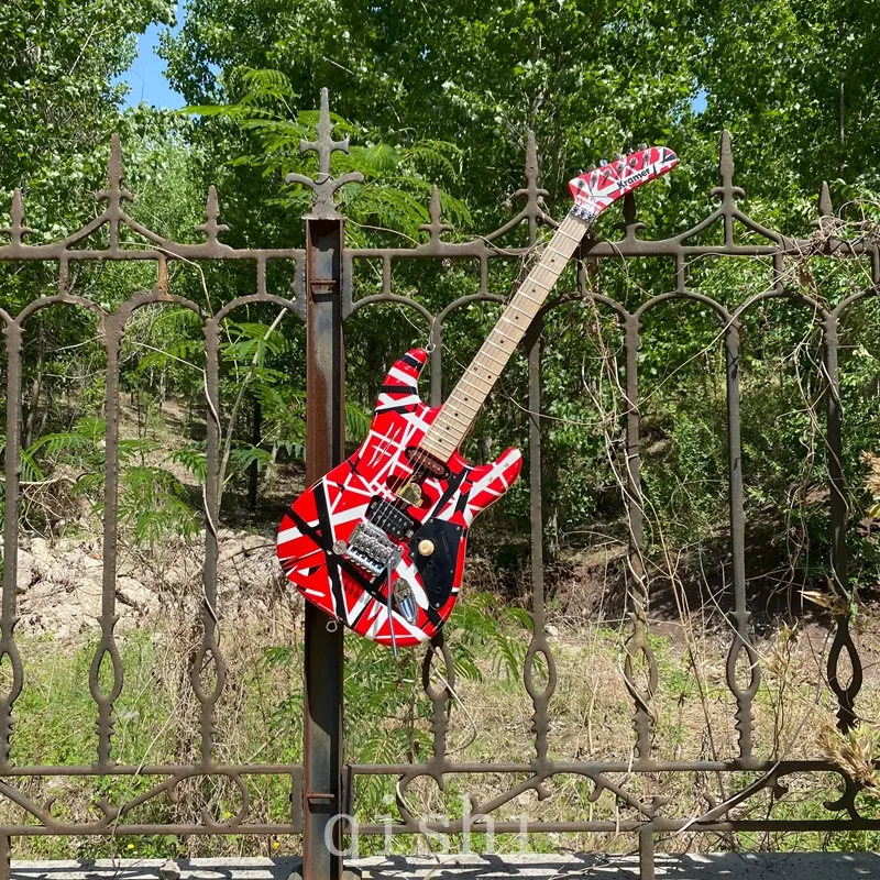 5150 Uppgraderad Edward Eddie Van Halen 5150 White Stripe Red Electric Guitar Floyd Rose Tremolo Bridge, Maple Neck Fingerboard Frankenstein Guitar