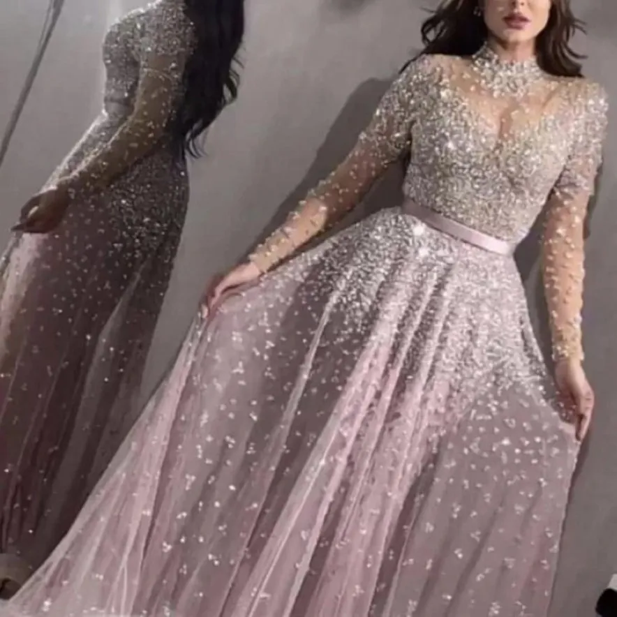 Luxe blush roze prom -jurken Hoge nek Een lijn lovertjes lovertjes kristallen bloemen applique wateau trein strass Rhinestone formeel avondfeest g 225B