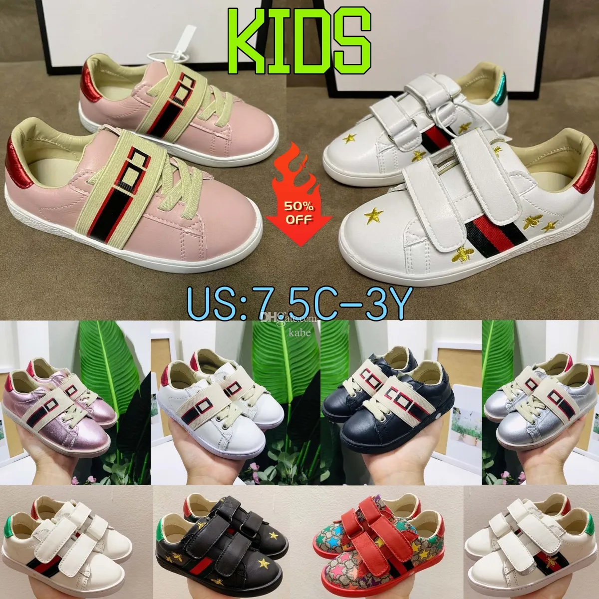 Girls Star Shoes Chirdren Italy Bee Casual Shoe White Flat Leather Shoe Green Red Stripe Embroidered Sport Snake Storlek 26-35