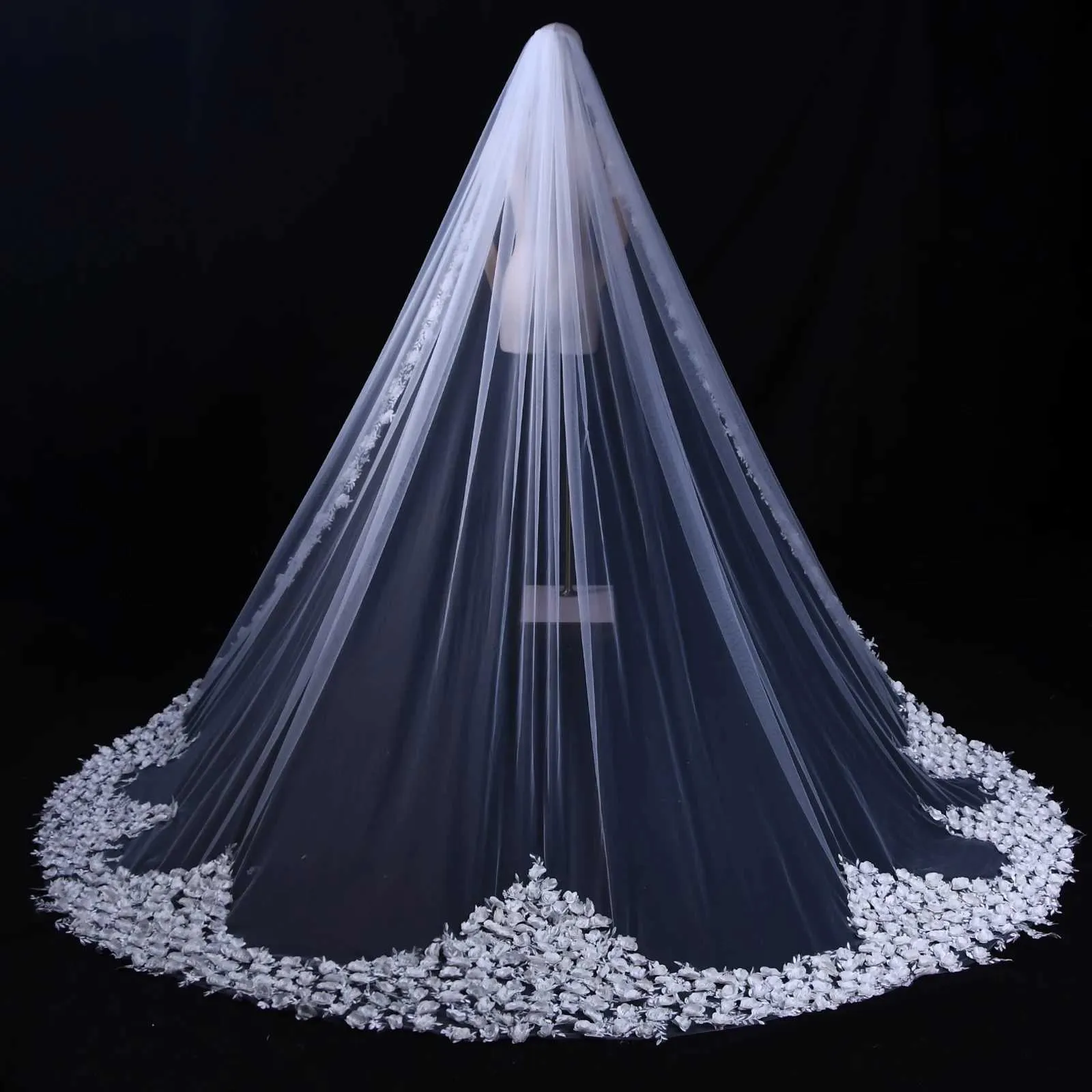 Hair Jewelry 03 Long Cathedral Length Wedding Veil 3D Flowers Soft Bridal Illusion with Comb Bride to be Accessories_voghion.com