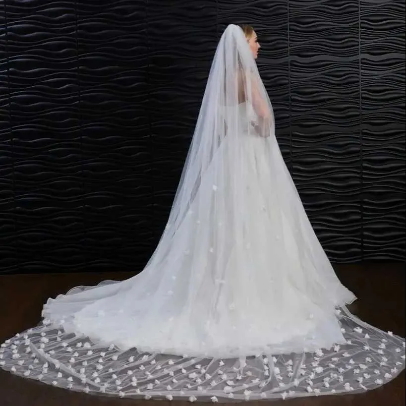 Hair Jewelry Long Cathedral Bridal 3D Flowers 1 Layer Soft Veil with Comb Wedding Accessories for Bride v20_voghion.com