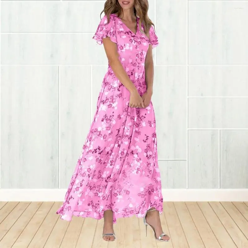 Lässige Kleider Frauen Maxi Kleid Stilvoller Frauen gegen Nacken Rüsche für Sommer Beach Urlaub Floral Print A-Line Resort Wear mit High