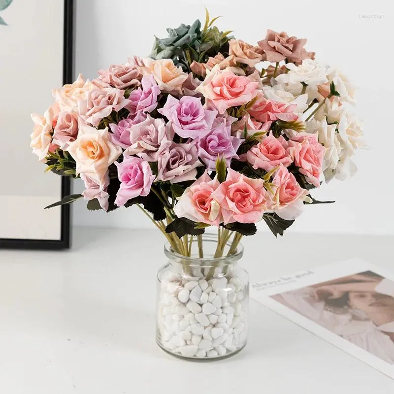 Dekorativa blommor konstgjorda bukett vit röd rosa rose brud bröllop dekoration pester falsk blomma för fest heminredning utomhus