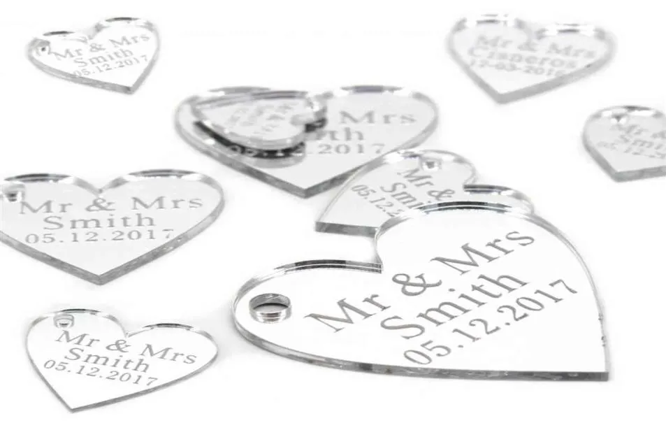 50pcs spersonalizowane grawerowane akrylowe lustro miłość serce z dziurą Tagi prezentowe