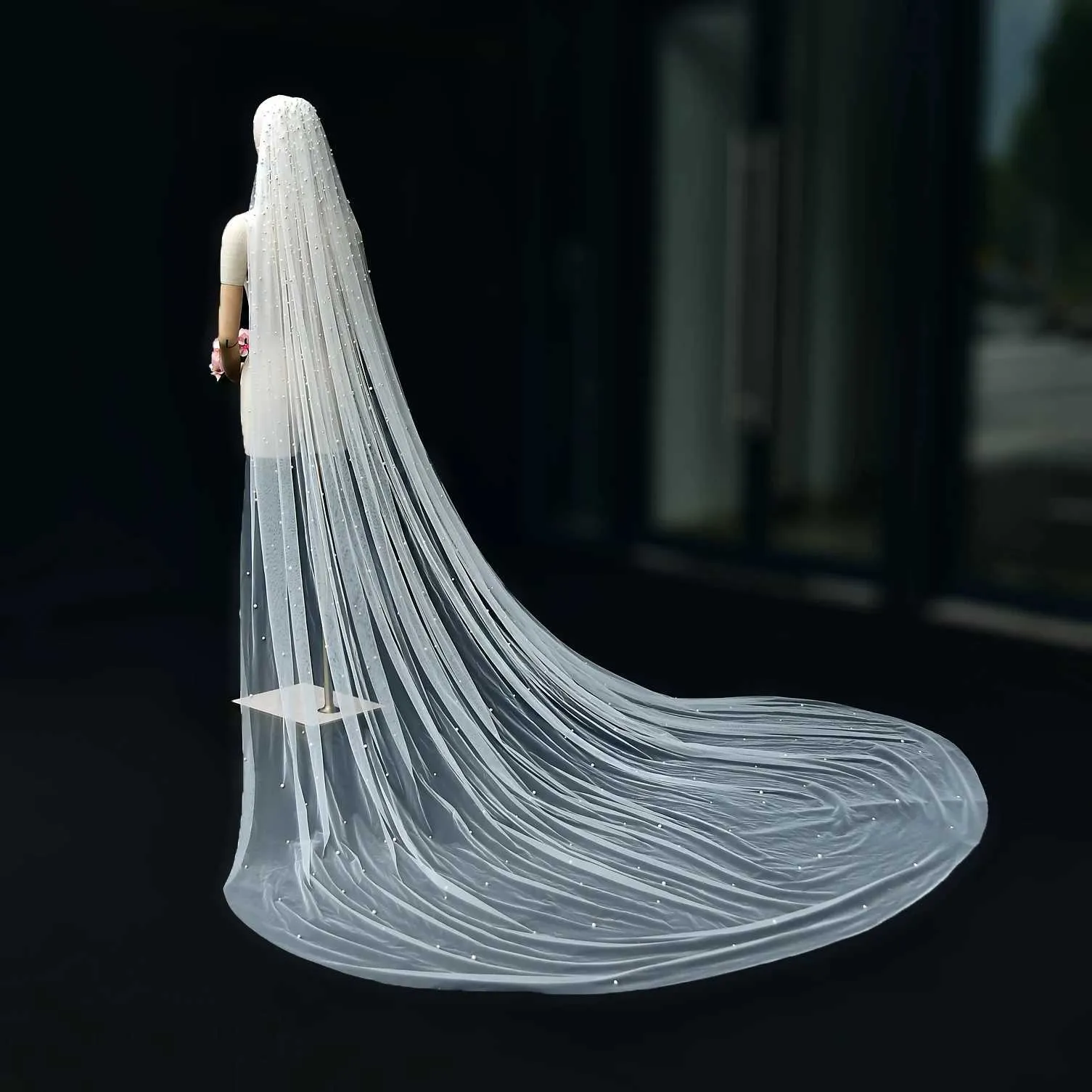 Κοσμήματα Μαλλιών V139a Νυφικά Πέπλα με Χάντρες Πολύ Μακρύ Πέπλο Καθεδρικού Ναού Πλάτος 3Μ με Χτένα Αξεσουάρ Γάμου_voghion.com