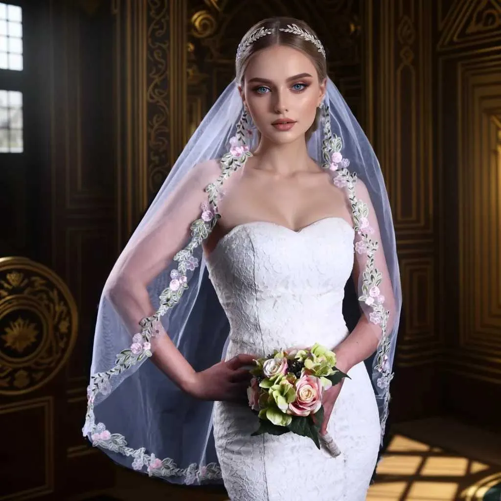 Jóias para cabelo Véu curto Véu de renda com borda véus de noiva 1 camada comprimento da ponta do dedo Mantilla vestidos de noiva macios acessórios para_voghion.com