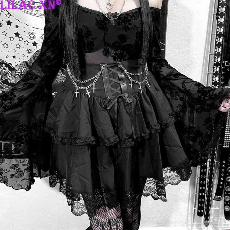 Signe goth black black fila cross catene mini faldas y2k sexy lolita estetico torta a più galli per Halloween