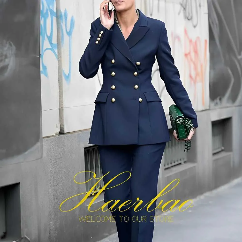 Autres vêtements Navy Women Clets Jacket Double Breasted 2 PCS Set Notch Lapel Party Office Work Fashion Business Dame Suits Blazer avec Pants Y240509