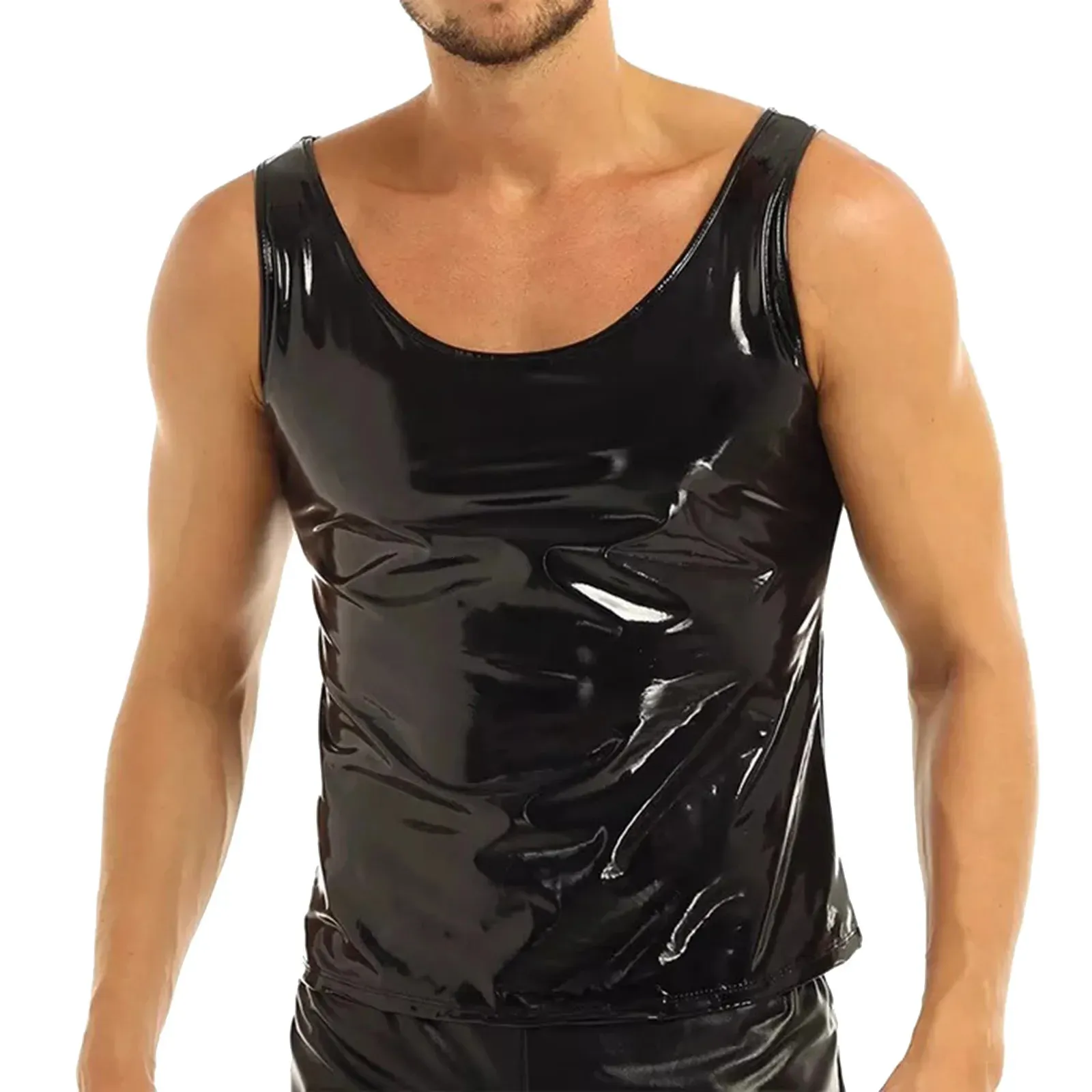 Plus-storlek Mens Glänsande lädertank Top Glossy PVC-läder T-shirts ärmlös Male Wetlook Latex V-hals Formning Vest Sexi 240511