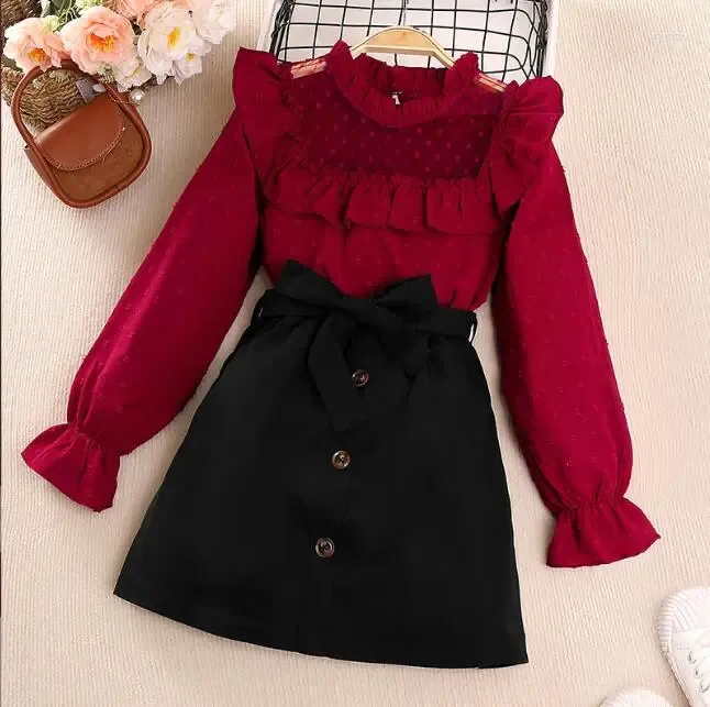 Clothing Sets Girls' Spring Dress Set 2024 European And American Lace Splicing Polka Dot Long Sleeved Top Short Skirt Children's We