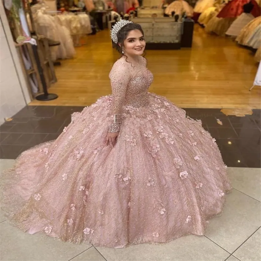 2021 Blush Pink Sparkly Sequined Ball Gown Quinceanera Dresses Bridal Gowns Illusion Lace up corset Long Sleeves Sweet 16 Dress With Fl 219B