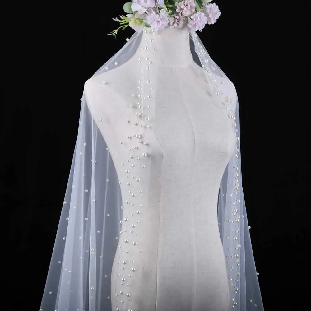 Haarschmuck V66 Perlen Perlen Braut Kirche 3M lange Kathedrale Schleier Kein Kamm Nagel Hübsche Hochzeitsaccessoires 1 Stufe weich_voghion.com