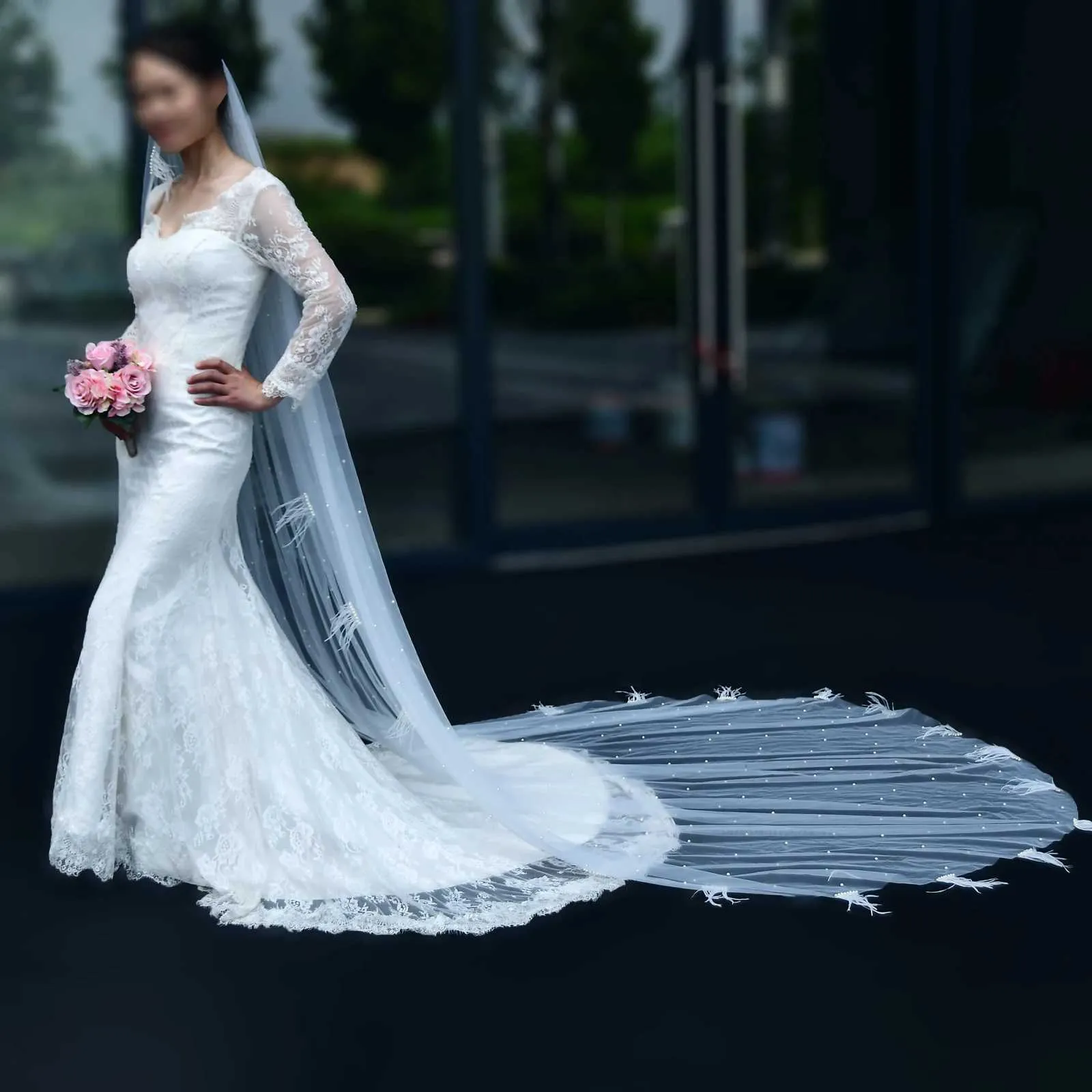 Bridal Veil Cathedral 1 Tier With Feather Beading For Wedding_voghion.com