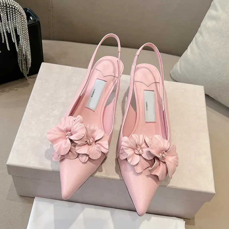 Designer flower High Heels Slingbacks 4.5/6.5cm Women Dress Shoes Fairy Girl Pumps Point Toes Genuine Leather Lady Sandals Wedding Bridal Shoes top quality heels