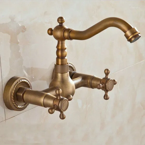 Kitchen Faucets Antique Brass Wall Mounted Dual Cross Handles Swivel Bathroom Sink Basin Faucet Mixer Tap Atf006