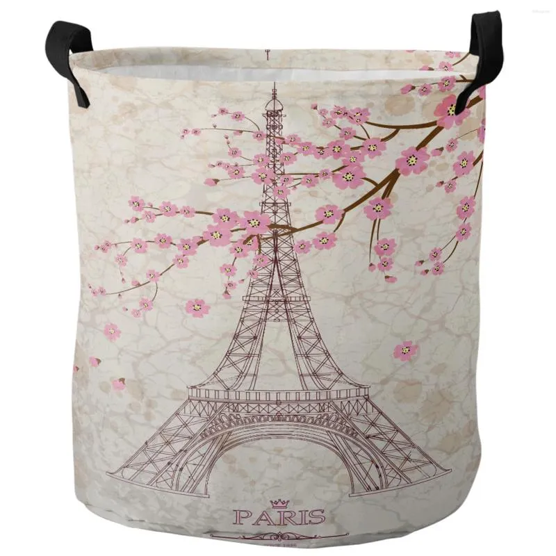 Sacchetti di lavanderia Cherry Blossom Eiffel Tower Flower Piegabile Cesto pieghevole Organizzatore impermeabile Organizzatore giocattolo giocattolo per bambini