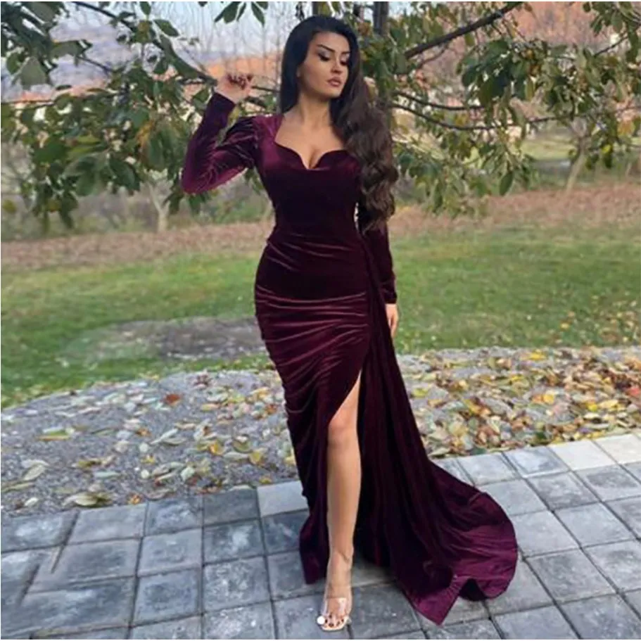 2021 Arabische avondjurk Sweeteart SEAGE Mouw Sexy Mermaid Prom jurk plus size fluwelen moeder van de bruid feestjurk 309h