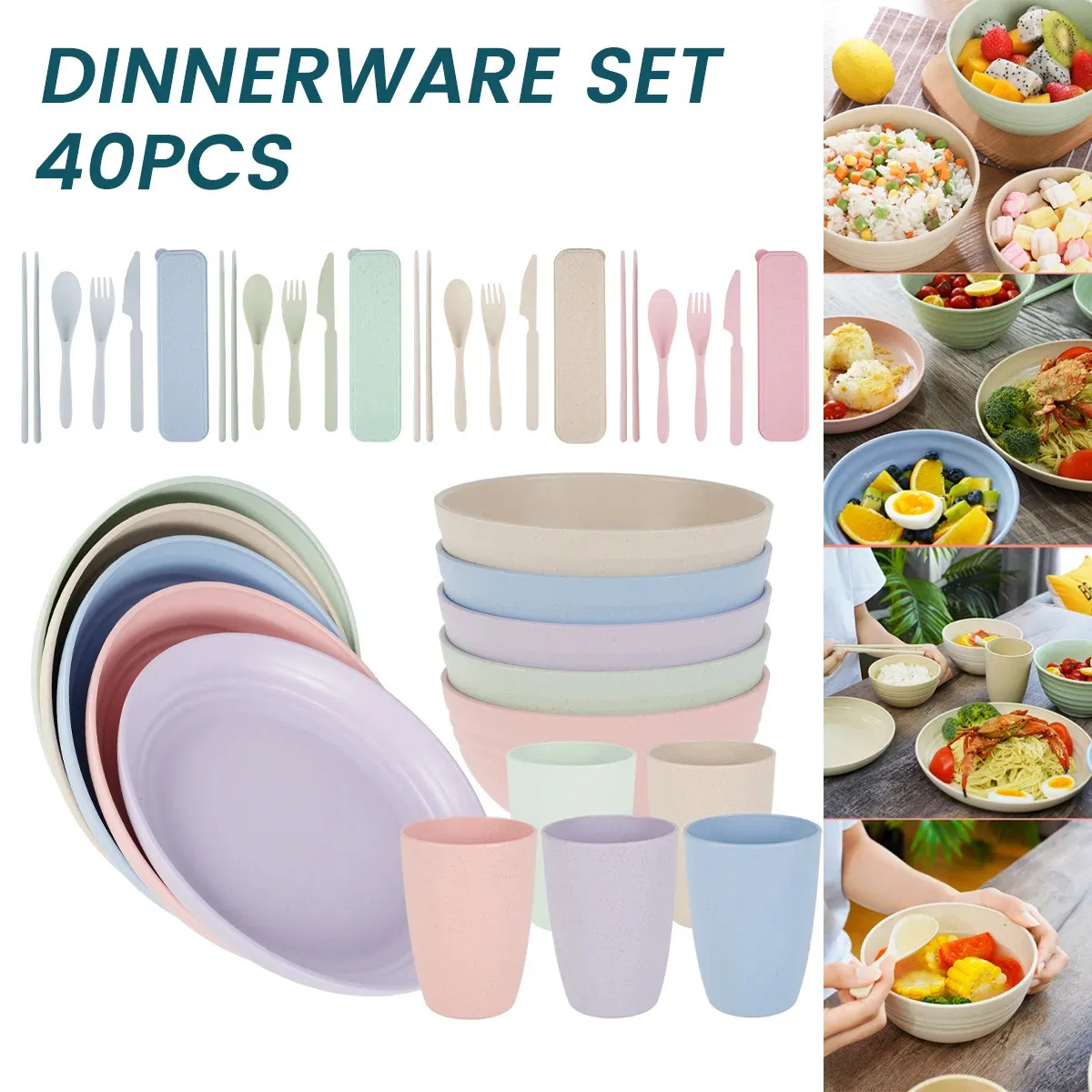 40 stks servies set tarwe stropy eco -vriendelijke bpa gratis biologisch afbreekbaar onbreekbaar bord voor bbq bruiloft camping 240508