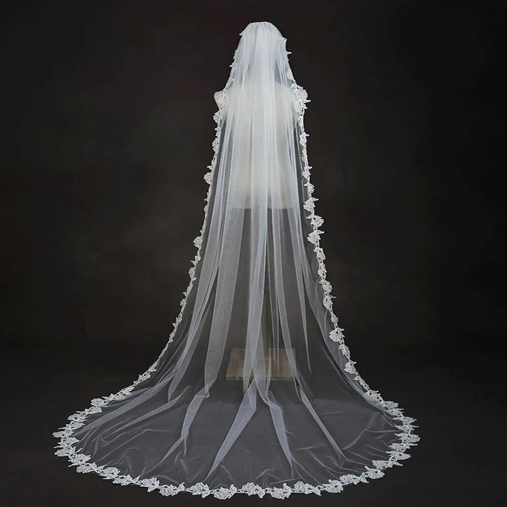Bijoux de cheveux longs voiles de mariée avec peigne voile à 1 niveau bord festonné bordure en dentelle longueur cathédrale accessoires de mariage pour_voghion.com