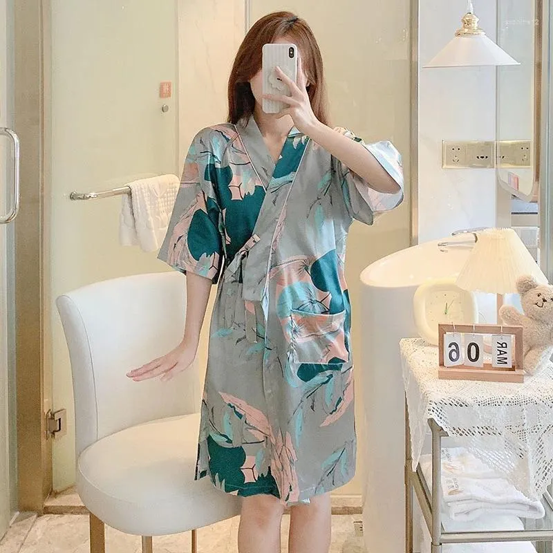 Home Clothing 2024 Summer Short Sleeve Silk Satin Print Kimono Robes For Women Sexy Bathrobes Sleepwear Night Dress Nightdress Nighty