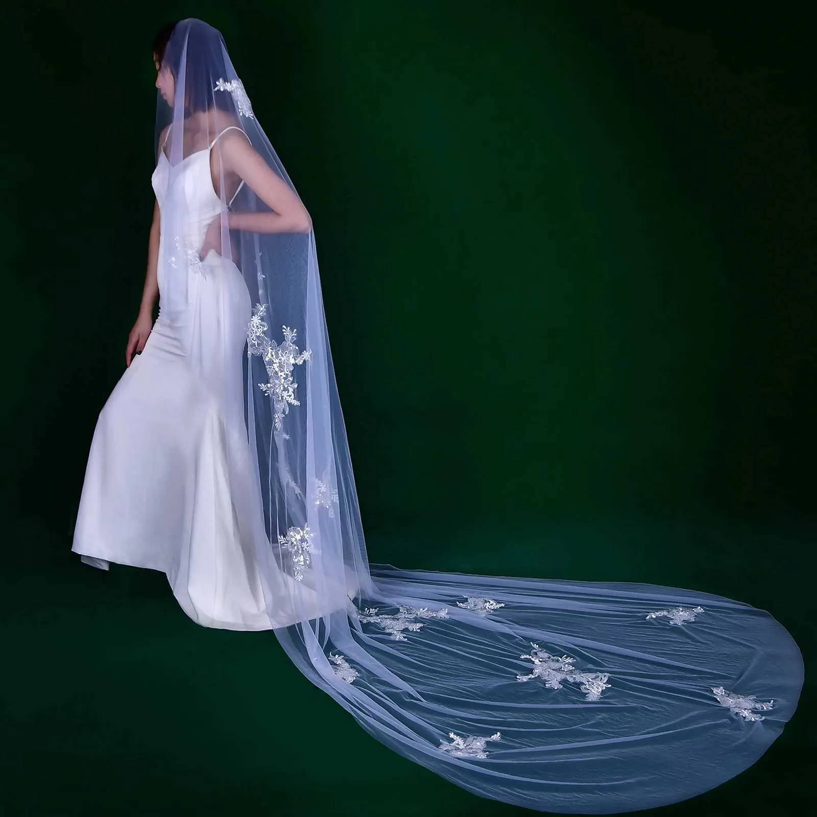 Hair Jewelry MZA53 Long Cathedral Veil Lace Appliques Bridal Veils Cut Edge 1 Tiers Soft Tulle Wedding Dress Accessories_voghion.com