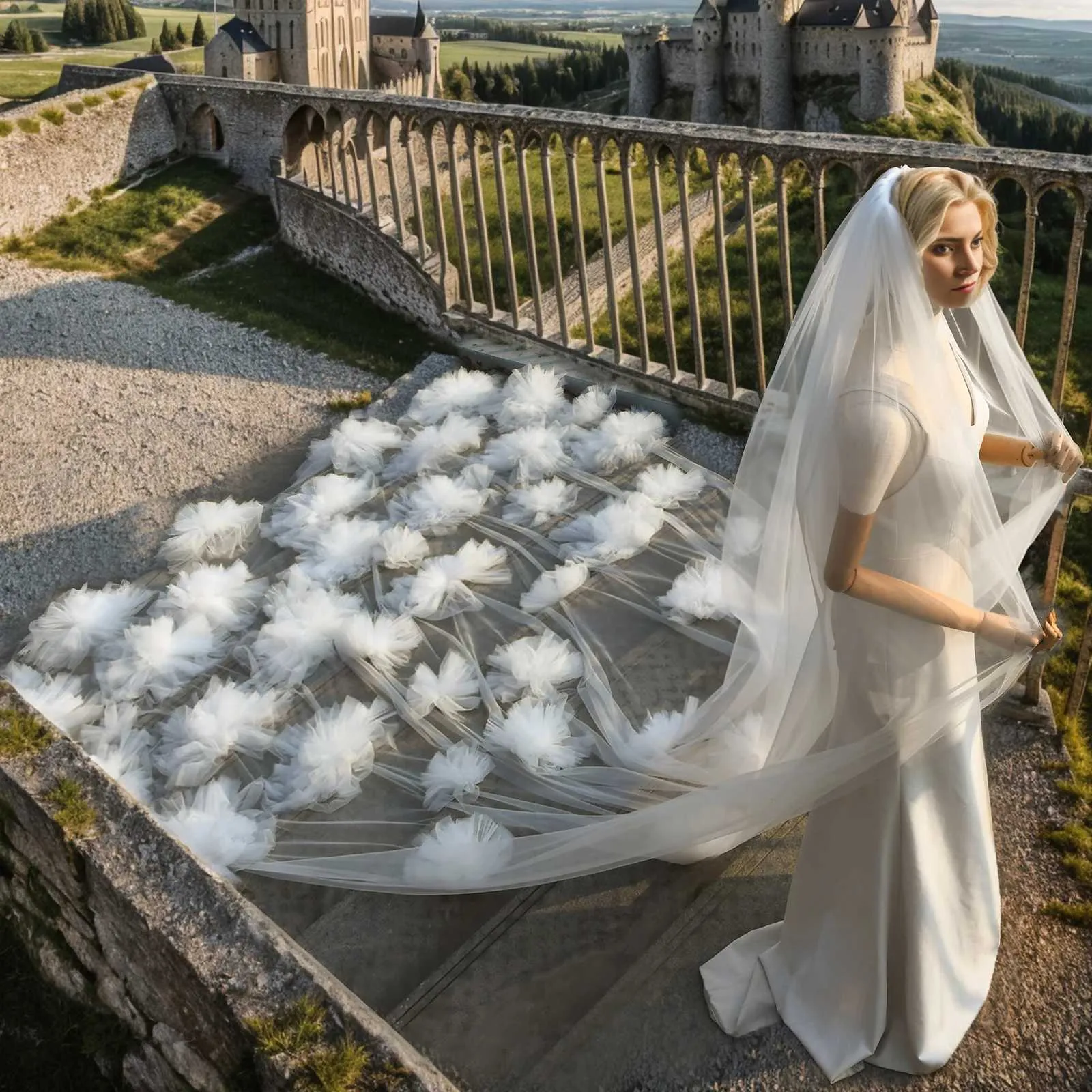 Hårsmykker MZA104 Katolsk Mantilla Brudeslør Ekstra Langt 3D Blomster Brudeslør 1 Lag Blødt Tyl Romantik Stort_voghion.com