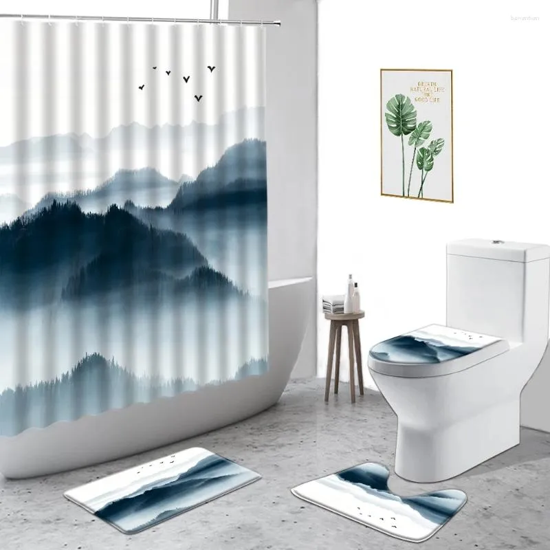 Zasłony prysznicowe 3D w stylu chińskim sceneria górska zasłona non poślizgnięcia dywany w kąpiel dywany toaletowe dywan 4pcs zestaw łazienkowy