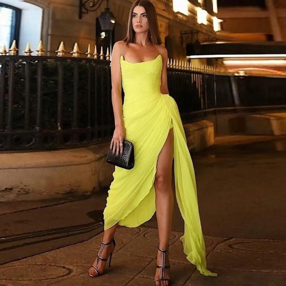 Special Design Yellow Evening Jurk Schep Mouwloze Zipper Back Side Slit A-Line Chiffon Prom Dresses Ankel Length Party Gozins 241O