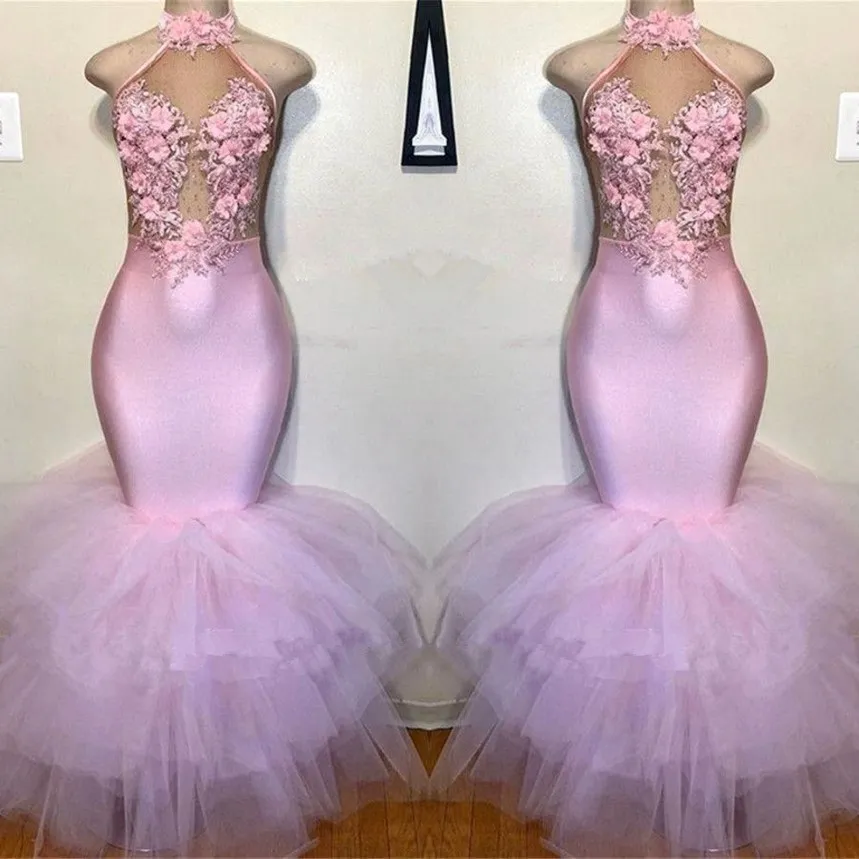 Blush Pink Mermaid Prom Dresses 2020 Halter 3D Flowers Lace Appliques Evening Gowns Plus Size African Formal Party Dress BC3986 293N