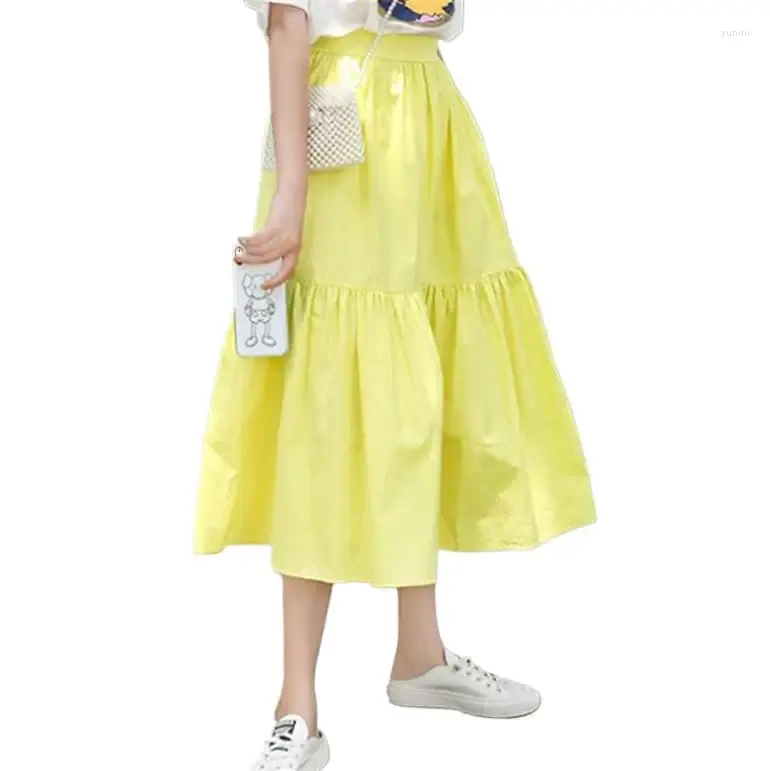 Röcke Marke gute Qualität Baumwollwäsche Autunm plissierte lange Maxi Plus Size Summer School Gelb Weiß
