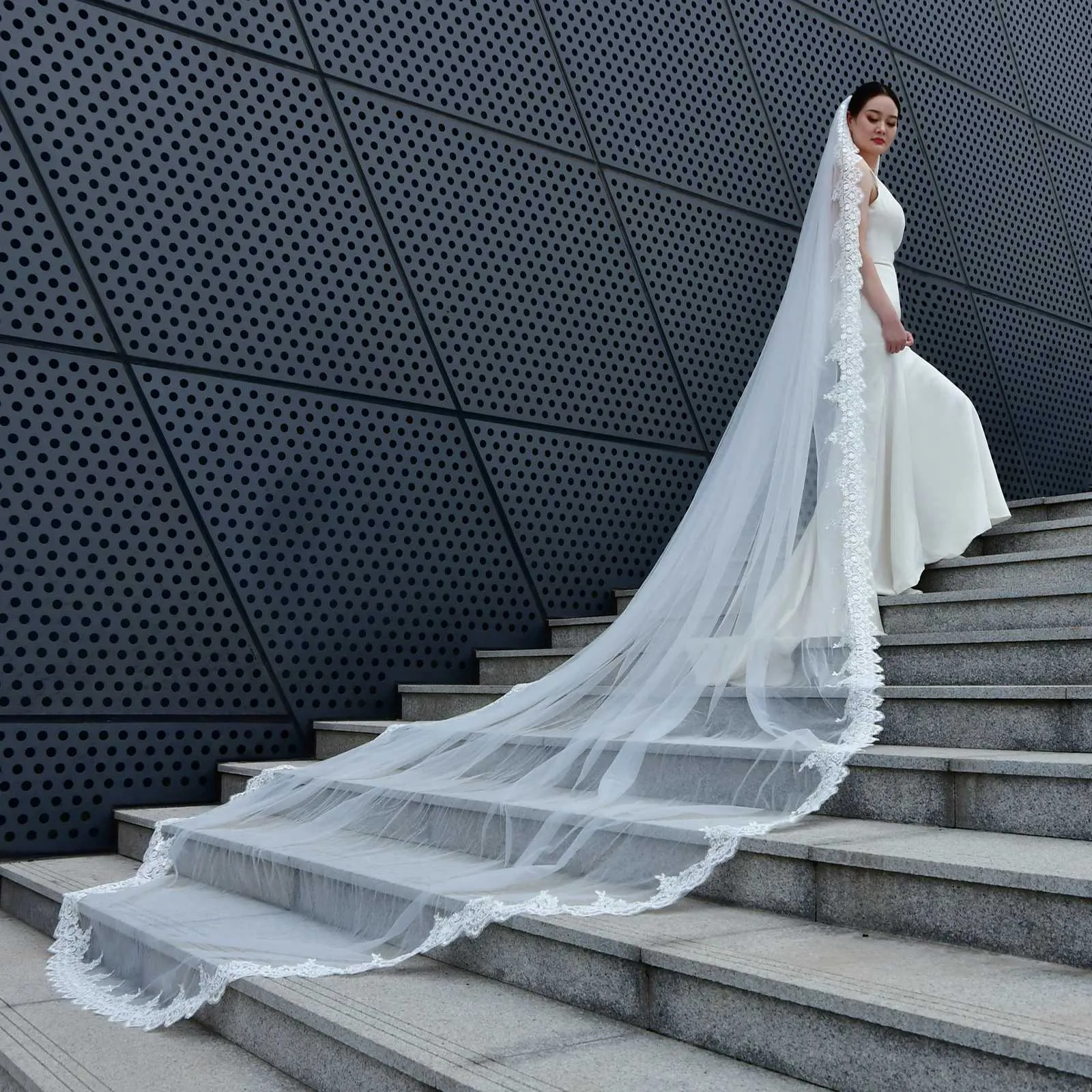 Hair Jewelry V152 Wide Veil Long Cathedral Bridal Veils 1 Tier 3M Lace Appliques Scalloped Edge Mantilla Tulle Wedding_voghion.com