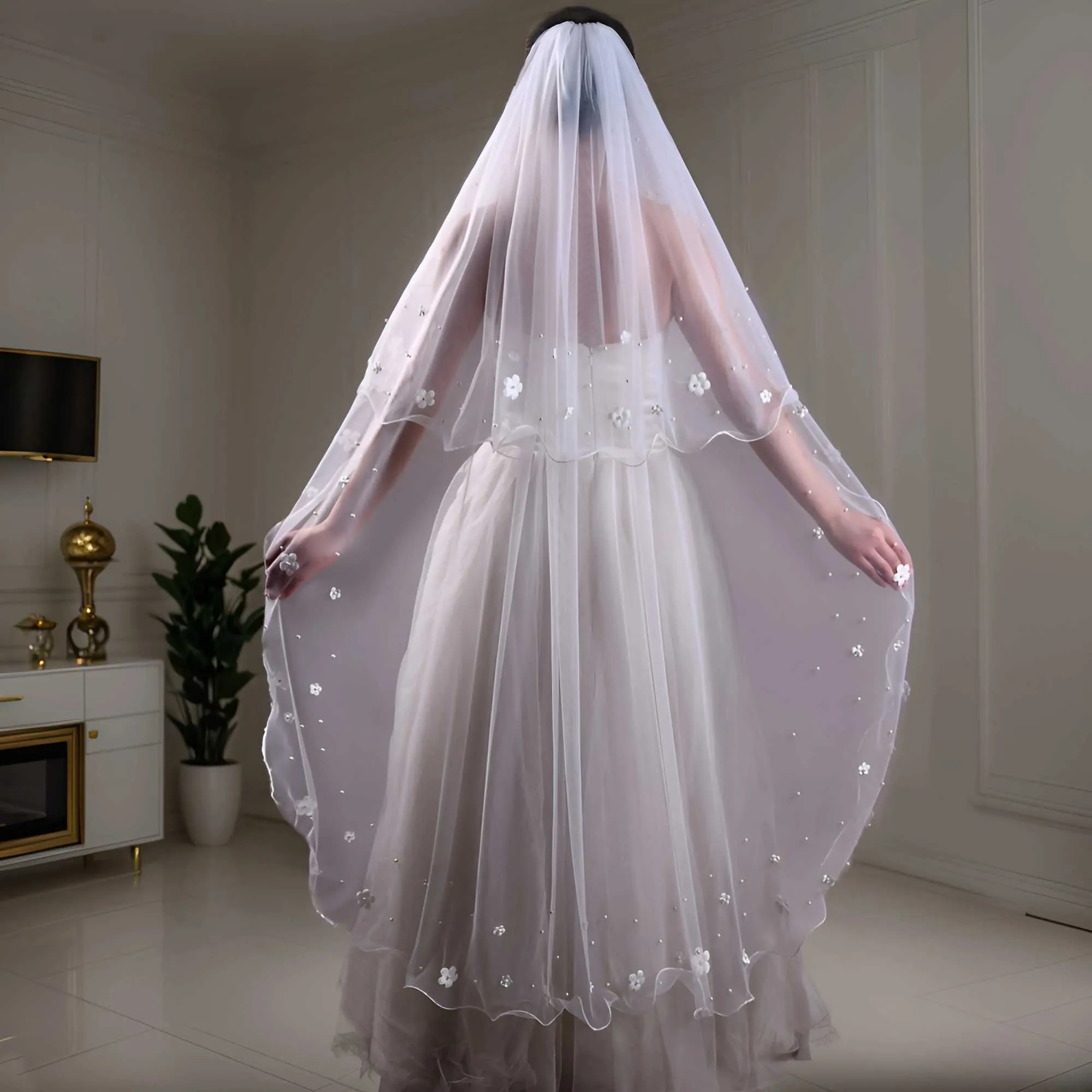 Biżuteria do włosów V217 2 poziomy perły welon pokrywa twarz 3D kwiaty welony ślubne miękki tiul z grzebieniem długie akcesoria ślubne_voghion.com