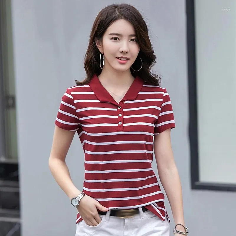 Polos Polos Simple Coton décontracté à rayures Vêtements femme Summer Corée Polo Col T-shirt Mujer Slim Fit Top Top Women Tees