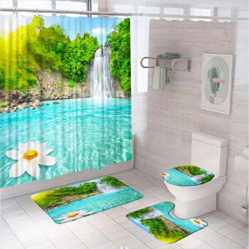 Shower Curtains Waterfall Scenery Curtain Set Tropical Jungle Primeval Forest Lotus Bathtub Decor With Bath Mat Rug Toilet Cover