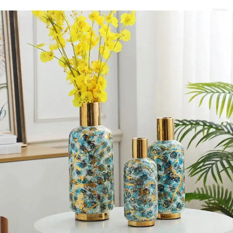 Vases Marble Texture Ceramic Vase Golden Stripe Flower Pot Flowers Arrangement Ornaments Desk Decoration Home Decor Modern