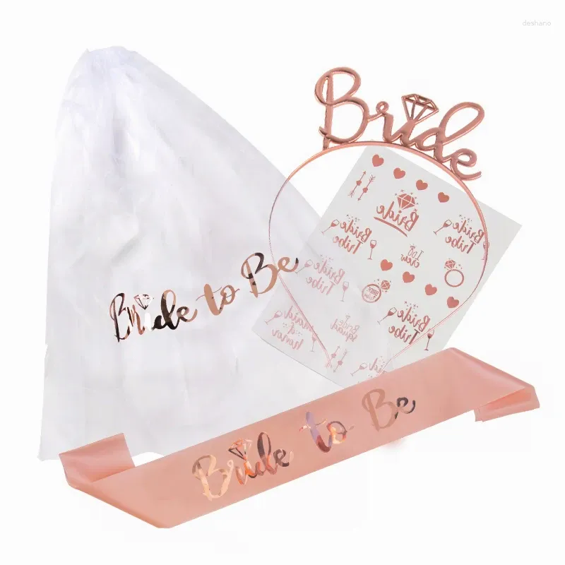 Décoration de fête 1set Rose Gold Bride pour être voile Satin Sash Tattoo Stickers Bandeau Bachelorette Girl Hen Supplies