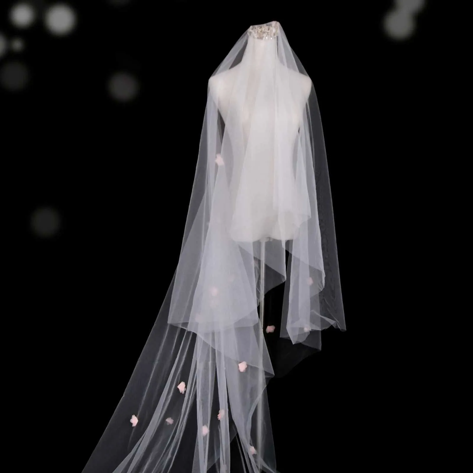 Hair Jewelry V95 Wide Pink Flower Appliqued Wedding Veil Long Cathedral Style Illusion 2 Tier with Comb Bridal_voghion.com