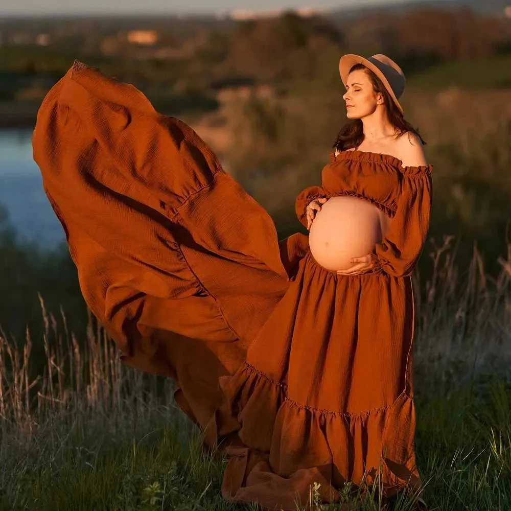 Sukienki macierzyńskie boho lniana bawełniana sukienka do fotografii ciążowej fotografowanie ciąż