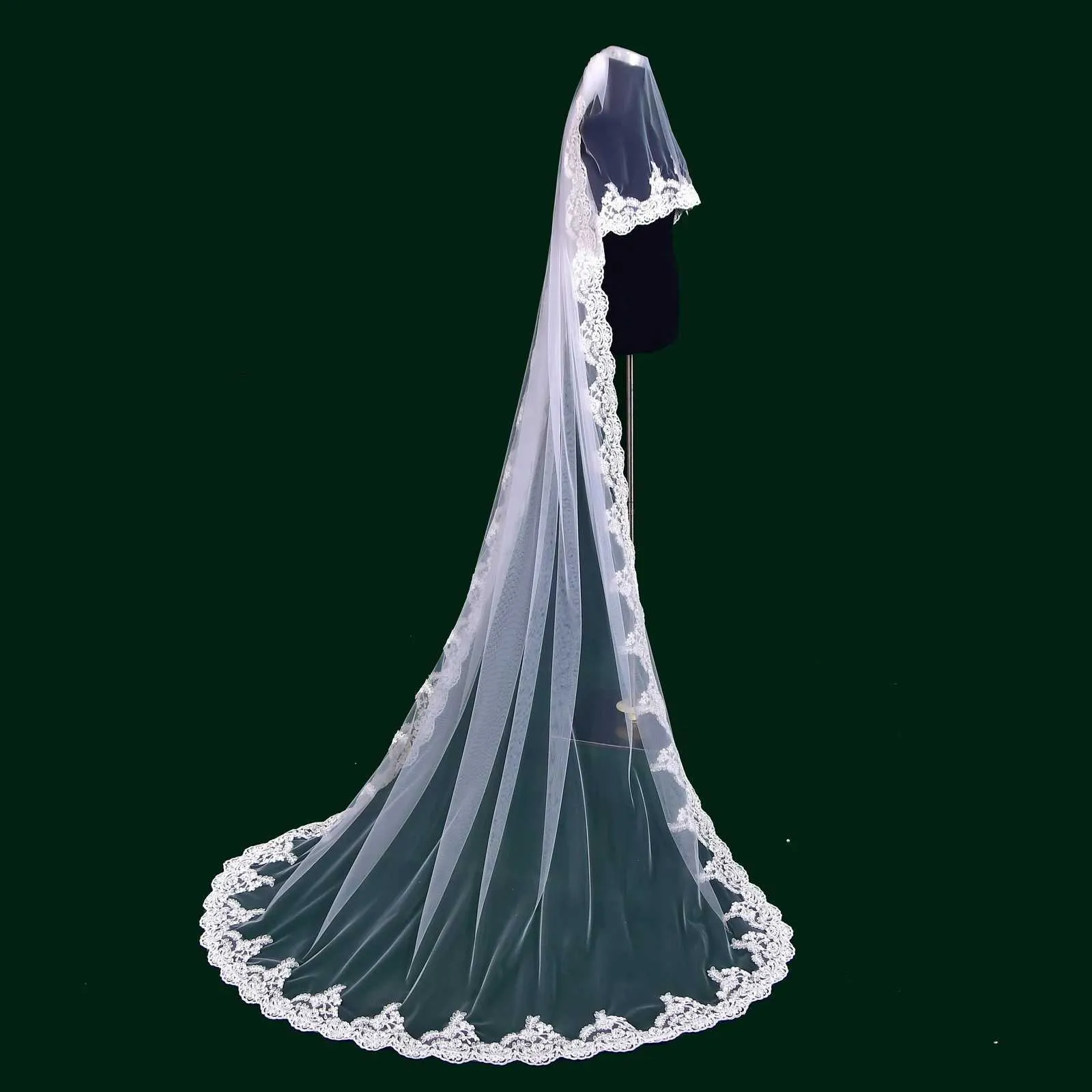 Gioielli per capelli M24 Veli lunghi 2 strati Sposa con fard Cattedrale Lunghezza Pizzo Applique Bordo Velo Accessori da sposa_voghion.com